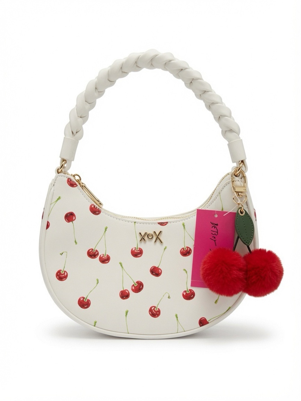 NWT Betsey Johnson White Cherry Print Shoulder Bag with Red Pom-Pom Charm